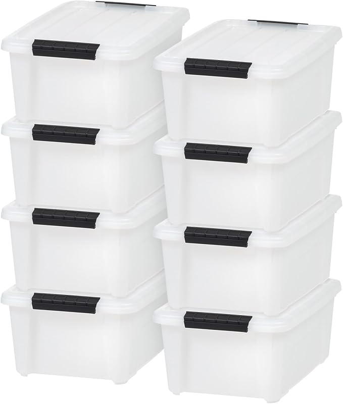 IRIS USA 13.5 Qt Stackable Plastic Storage Bins with Lids, 8 Pack - BPA-Free, Made in USA - Discreet Organizing Solution, Latches, Durable Nestable Containers, Secure Pull Handle - Pearl