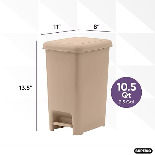 Superio 2.5 Gal Slim Step On Pedal Plastic Trash Can, Waste Bin for Under Desk, Office, Bedroom, Bathroom- 10 Qt, Beige