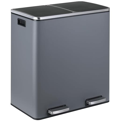 16 Gallon Rectangular Stainless Steel Trash Can, Dual Compartment Garbage Bin with Recycling Combo, Metal Dustbin Lid, Removable Liner, Indoor Hands Free Waste Bucket for Kitchen Home
