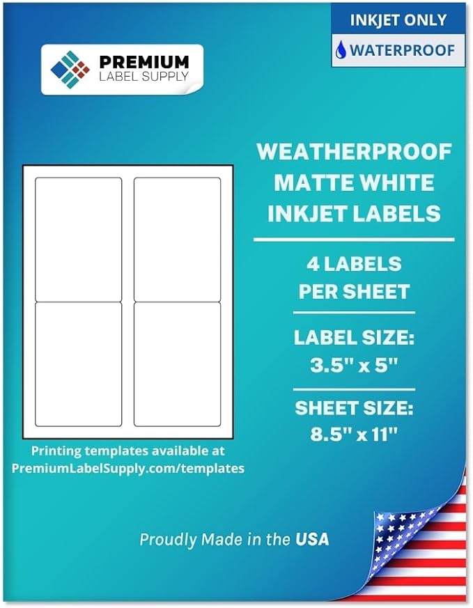 Premium Label Supply Waterproof Matte White Sticker Labels – 3.5" x 5" – Inkjet Printers Only – (4 per Sheet), 10 Sheets - 40 Total Adhesive Labels