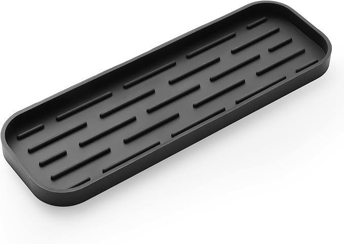 Silicone Kitchen Sink Organizer Tray for Multiple Usage,Eco-Friendly Sponges Holder for Kitchen Bathroom Counter or Sink,Dish Soap Dispenser,Scrubber,Bottle,Cup (Black, 12"×4")