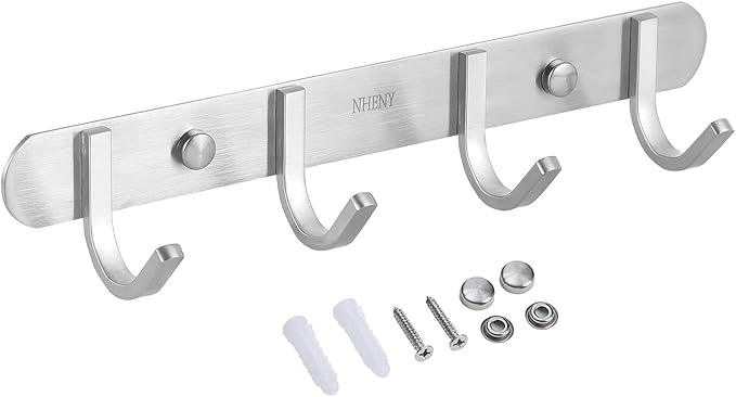 Coat Hook Wall Mount Towel Hook Rack with 4 Hooks 11-inch Hanger for Hanging Clothes, Bags, Keys, Easy to Install Rail for Bedroom, Bathroom, Entryway, Door, 304 Stainless Steel Brushed Nickel