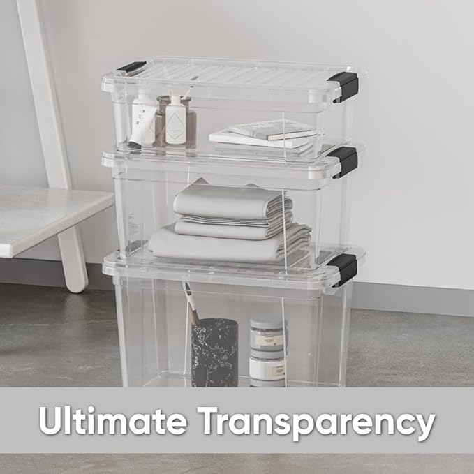 Superio Clear Storage Boxes with Lids, 14.25 Quart Plastic Container Bins for Organizing, Stackable Crates, BPA Free, Non Toxic, Odor Free, Organizers for Home, Office, School, and Dorm