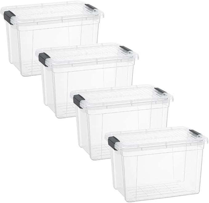 Superio Clear Storage Bins with Lids, Stackable Deep Storage Boxes with Latches and Handles, Extra Small, 4 Pack, Deep Containers for Home, Garage, and Kitchen