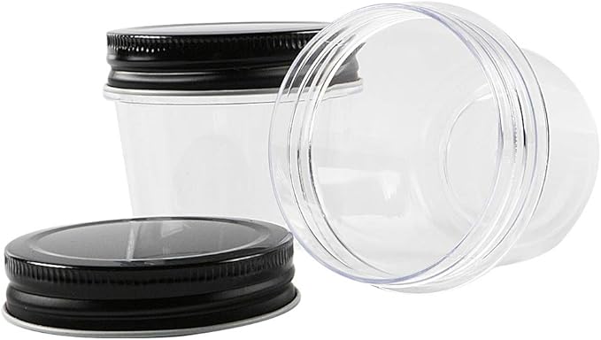 Novelinks 4 oz Clear Plastic Jars with Black Lids – Small Round Reusable Containers for Food, Spices, Crafts, Travel – BPA-Free Storage Jars for Kitchen & Household Organization, 20 Pack