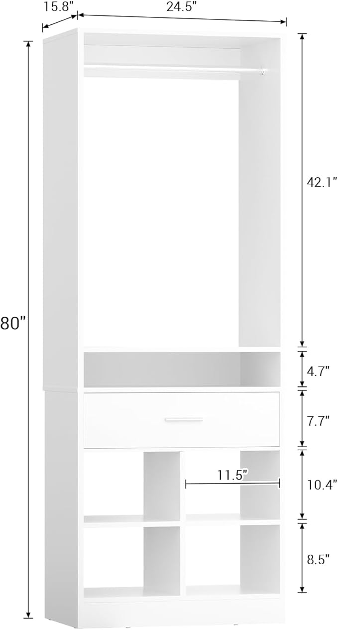 Unikito Freestanding Closet System with Wood Drawer and 4 Cubby Storage, Closet Organizer with Hanging Rods & Shelves, 25‘’W X 80'' H Clothes Garment Rack, Walk in Closet Tower Wardrobe, White