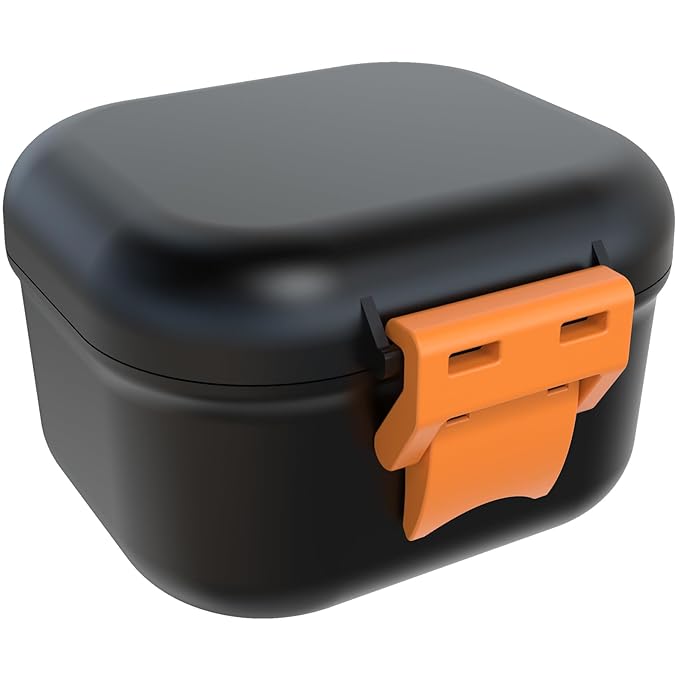 ARGOMAX Leak Proof Denture Bath Cup, Portable Soaking Denture Box, Denture Bath Case with Strainer, for Dentures and Braces (Black + Orange).