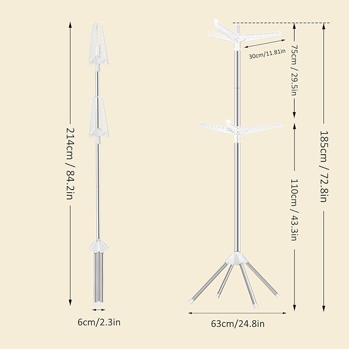 SUYU Clothes Drying Rack,Folding Clothes Drying Tree, 2 Layer with 6 Rotatable Arms,72-Inch Indoor Clothes Rack,Stainless Steel,4 Legs,White and Silver SNJ202