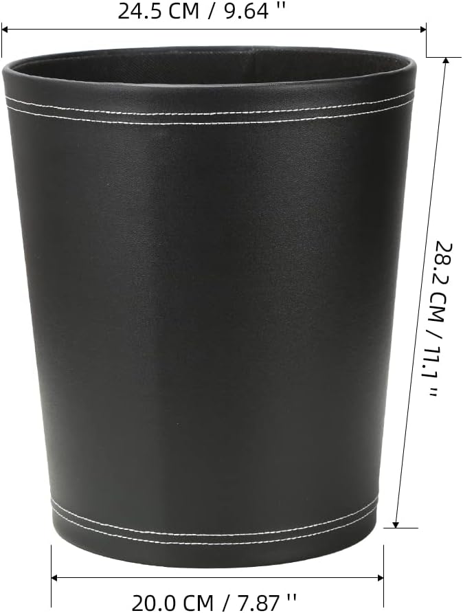 KINGFOM Classic Pu Leather Trash Can Wastebasket, Small Garbage Container Can for Bathrooms, Powder Rooms, Kitchens, Home, Office and and High Class Hotel Round Black