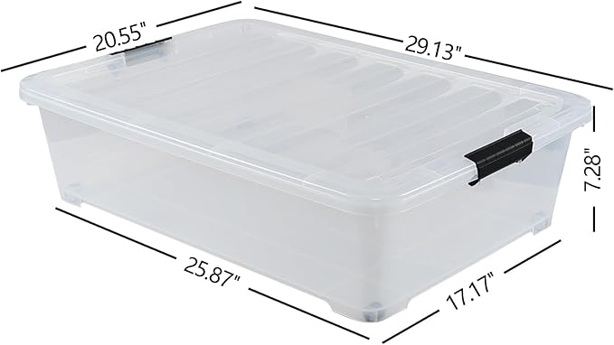 50 Quart Clear Plastic Under Bed Storage Bin with Lid, Underbed Storage Container with Wheels, 3-Pack