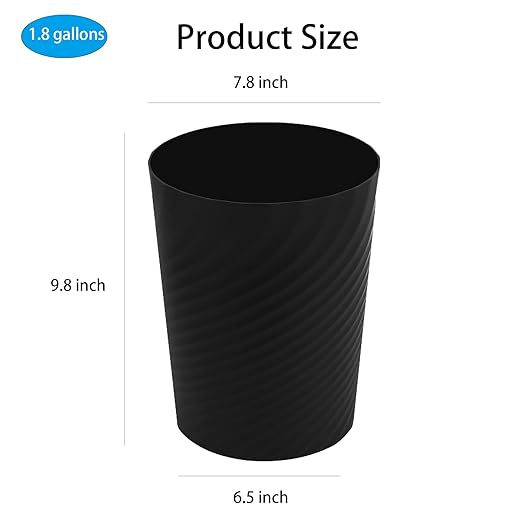 UUJOLY Plastic Small Trash Can Wastebasket, Garbage Container Basket for Bathrooms, Laundry Room, Kitchens, Offices, Kids Rooms, Dorms, 1.8 Gallon, Black, 3 Pack