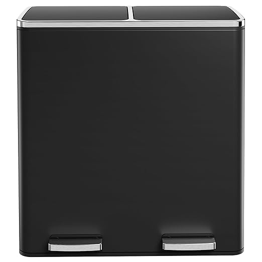 AthLike 60L(16 Gal) Dual Trash Can, Stainless Steel Kitchen Garbage Can, Double Compartment Classified Rubbish Bin, Recycle Dustbin w/Plastic Inner Buckets, Soft-Close Lid, Airtight, Black