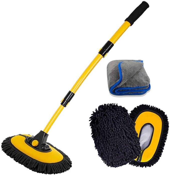 Car Wash Brush with Long Handle, Microfiber Towels Car Wash Kit Cleaning Supplies, Car Wash Mop Mitt with 2 Replacement Head , Extension Pole Car Brush Cleaning Kit for Cars Trucks