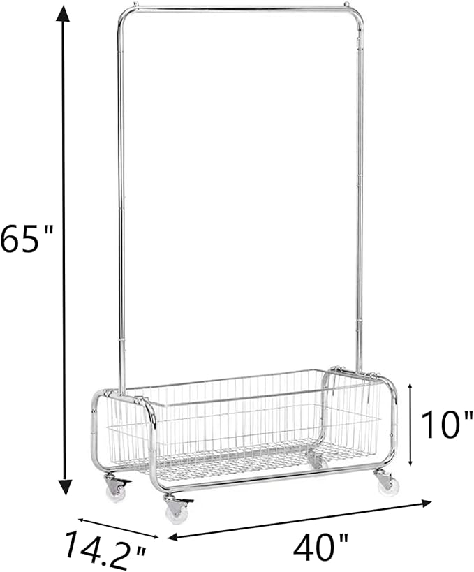 Garment Rack With Storage Baskets,Clothing Rack for Hanging Clothes, Multi-functional Bedroom Clothes Rack with Wheels for Bedroom, Living Room, Easy Assembly (40inch lenght)