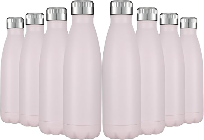 HASLE OUTFITTERS 17oz Stainless Steel Water Bottles Bulk, Vacuum Insulated Water Bottles Double Walled Powder Coated Reusable Metal Sports Water Bottles Keep Drinks Hot and Cold,Pink, 8Packs