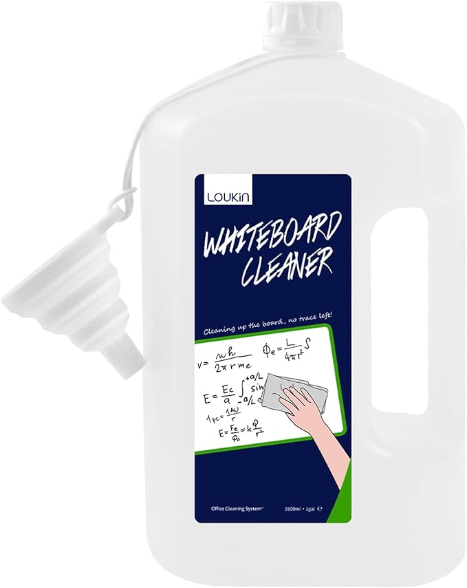 Loukin Non-Toxic Whiteboard Cleaner, 1 Gallon (128 fl oz) Dry Erase Board Cleaner Ready-to-Use Refill, Connected Collapsible Silicone Funnel for Canned Liquid, Removes Whiteboard Stains