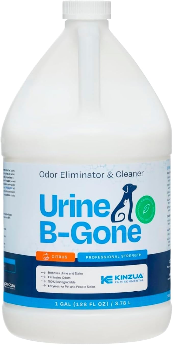 KINZUA ENVIRONMENTAL Urine B-Gone, Professional Enzyme Odor Eliminator & Pet Stain Remover, Human, Cat & Dog Urine Cleaner, Effective on Laundry, Carpets & More, Citrus Scent, 1 Gallon