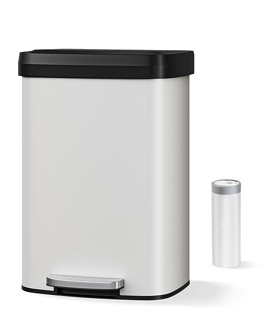 Garvee 13 Gallon / 50 Liter Metal Trash Can with Lid, Large Garbage Can for Kitchen, Rustproof Step-on Kitchen Metal Trash Bin with Liner Rim, Rear Handle, Soft Close Plastic Lid, White
