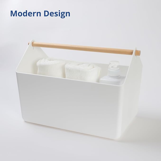 BLUE GINKGO Large Storage Basket – Plastic Caddy with Wooden Handle for Bathroom, Pantry, or Cleaning Supplies (White)