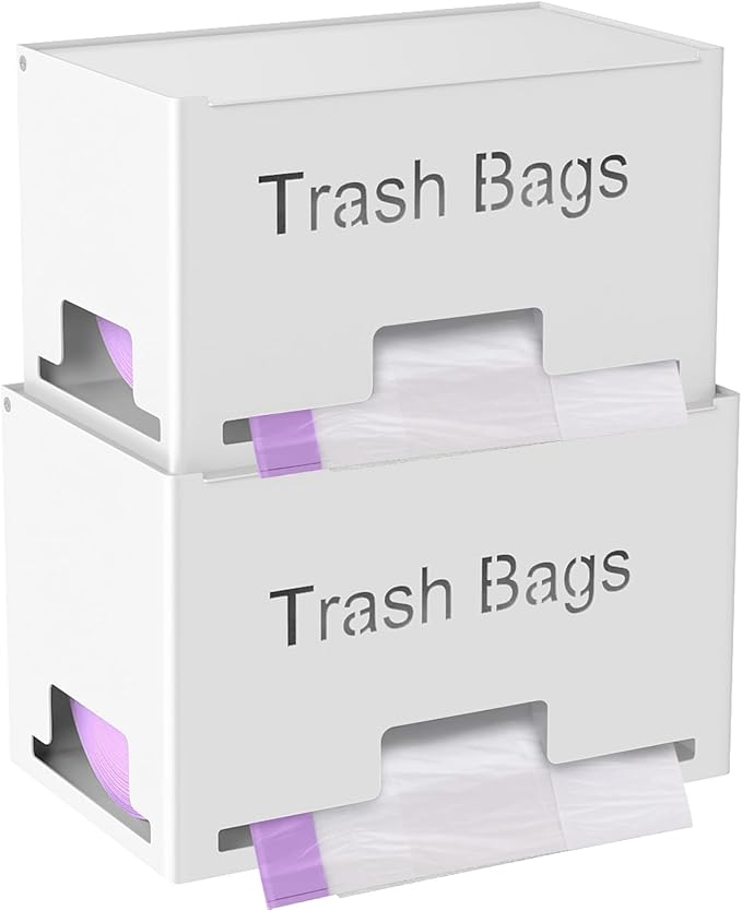 2-Pack Trash Bag Holder Dispenser, Stackable Garbage Bag Dispenser, Extra Large Trash Organizer for Kitchen Laundry Under Sink, Wall Mounted or Freestanding, Metal White