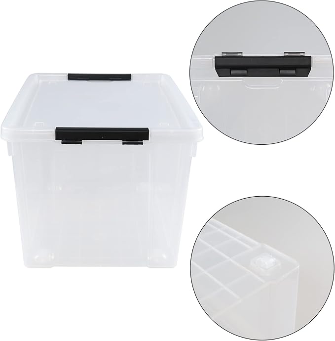 4 Pack Clear Storage Latch Bin with Lid, 34 L Plastic Wheeled Storage Box