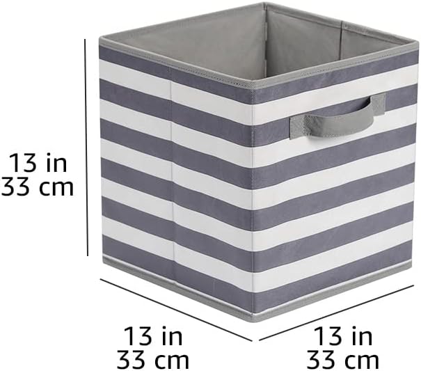 Amazon Basics Cube Organizer Storage Bins Handles, Collapsible Fabric, Pack of 6, 13"x13"x13", White/ Light Grey Stripe