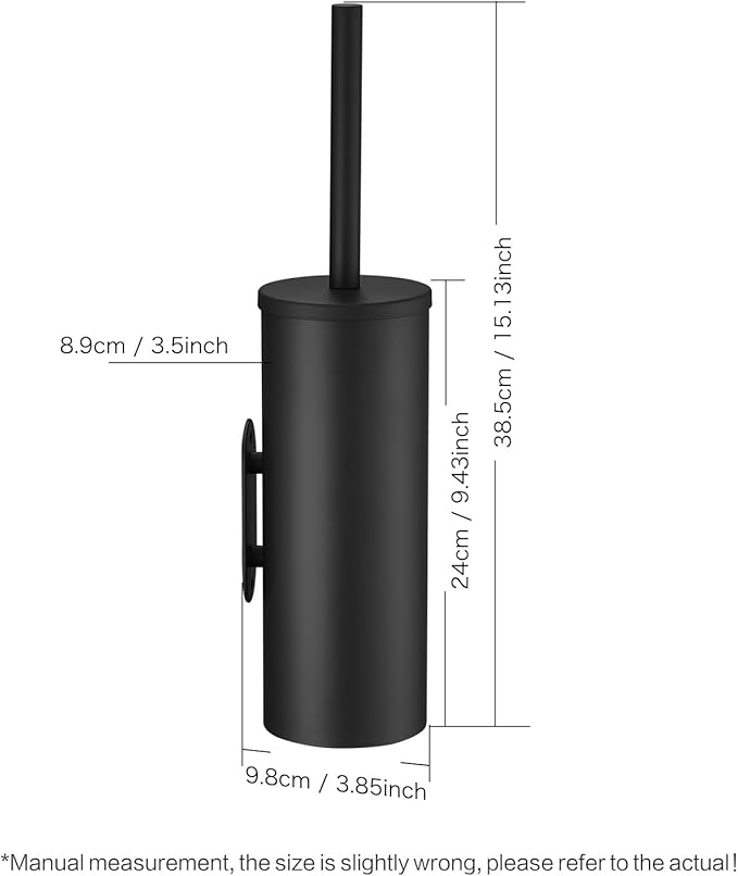 Toilet Bowl Brush and Holder, 304 Stainless Steel No-Punch Hook Base Dual Purpose Toilet Brush Holder with Removable Inner Bucket and Splash Cover - Soft Bristles (Black)