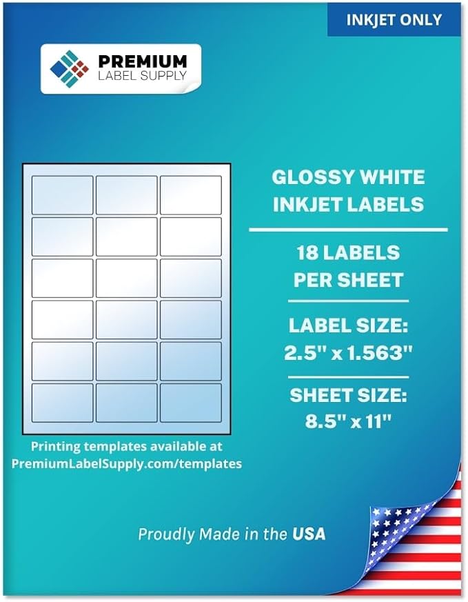 Premium Label Supply Glossy White Sticker Labels – 2.5" x 1.563" – (18 per Sheet) (Glossy White for Inkjet Only, 180 Labels)