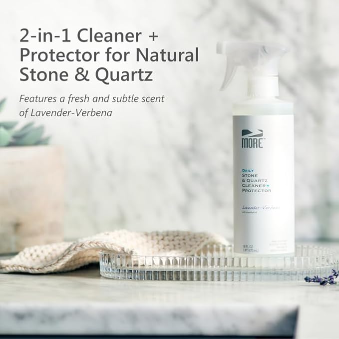 MORE Stone & Quartz Cleaner + Protector - Granite, Quartz & Marble Cleaner - For Kitchen & Bathroom Countertops - Water-Based Surface Spray - Lavender-Verbena Essential Oil - Pint (16oz)