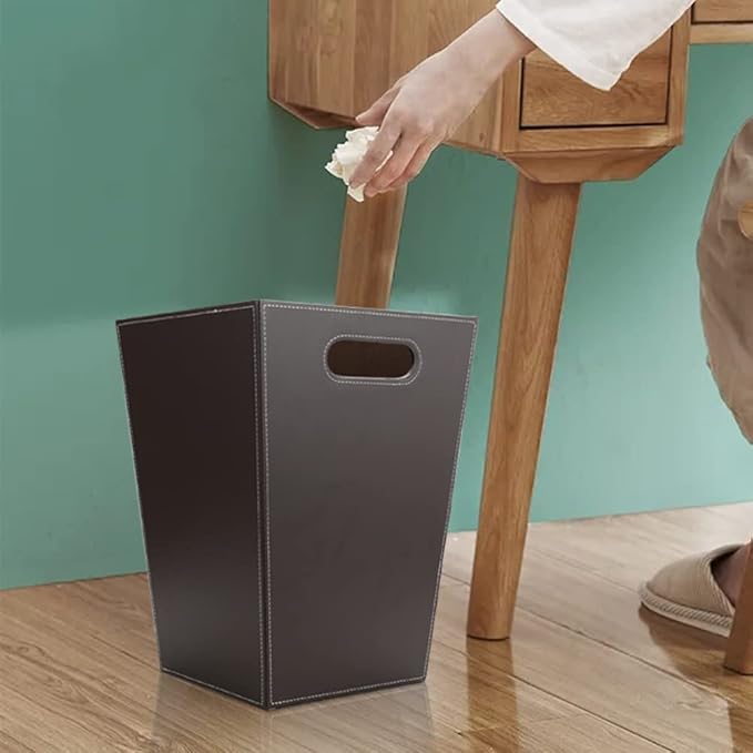 KINGFOM Classic Pu Leather Trash Can Wastebasket, Garbage Container Bin with Handles for Bathrooms, Powder Rooms, Kitchens, Home, Office and and High Class Hotel Square Brown
