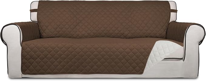 PureFit Reversible Quilted Sofa Cover, Water Resistant Slipcover Furniture Protector, Washable Couch Cover with Non Slip and Elastic Straps for Kids, Dogs, Pets (Oversized Sofa, Coffee/Ivory)