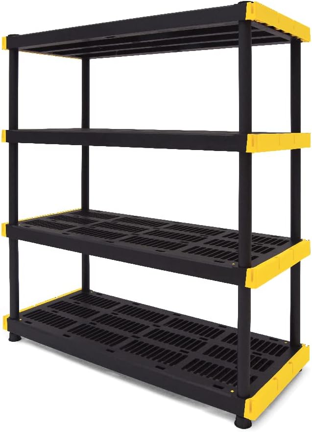 CX Black & Yellow, Shelving Unit and Heavy Duty Storage Containers, Extremely Durable (Shelf + 27 Gallon Container (4-Pack))