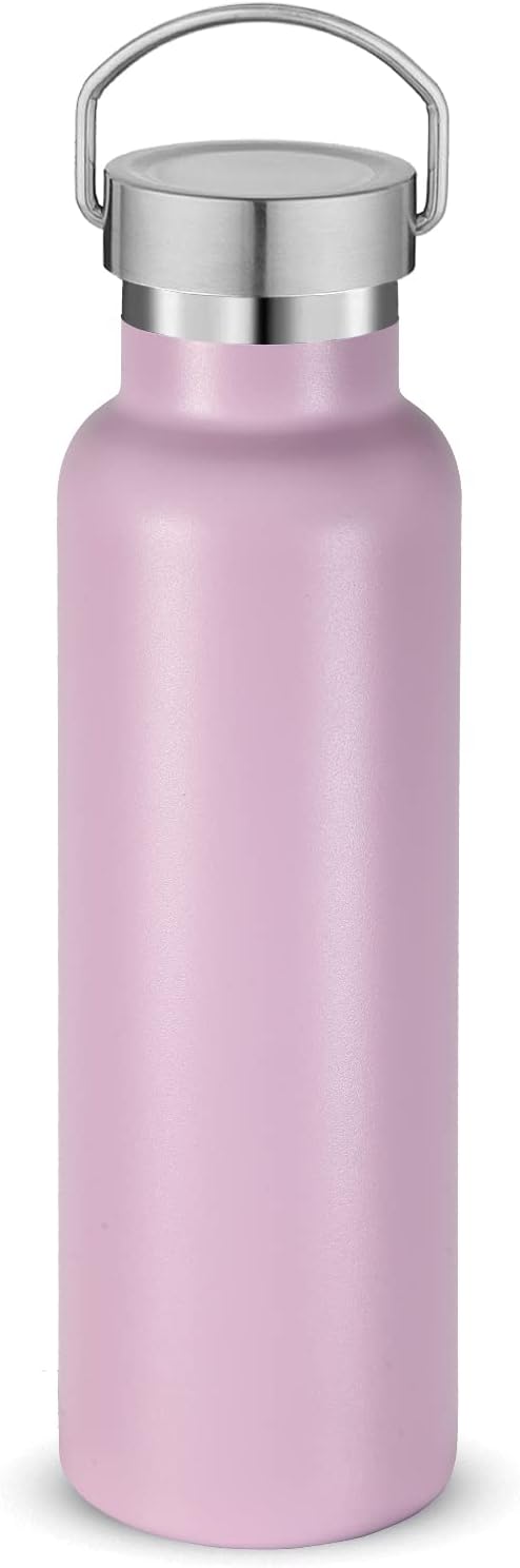 Neihepal Pink Stainless Steel Water Bottles,20 Ounce Vacuum Insulated Double Wall Travel Bottle with Leak Proof Lid of Handle,Metal Reusable Standard Mouth Flask Thermoses for School,Hikers,Gift