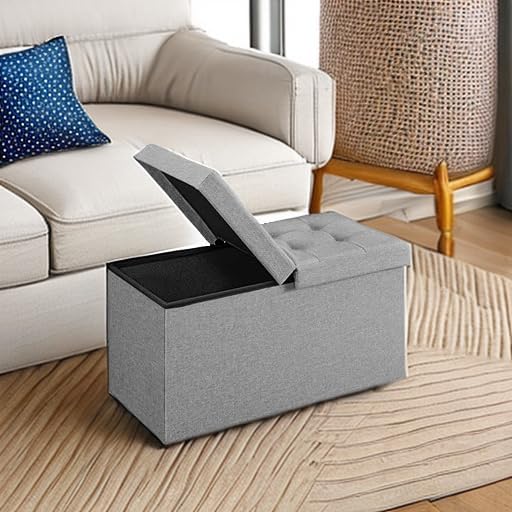 SONGMICS Mazie Collection - 30 Inches Storage Ottoman, Foldable Storage Bench with Flipping Lid, 660 lb Load Capacity, for Entryway, Living Room, Bedroom, Light Gray ULSF41G