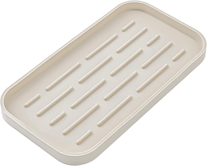 Silicone Kitchen Sink Organizer Tray for Multiple Usage,Eco-Friendly Sponges Holder for Kitchen Bathroom Counter or Sink,Dish Soap Dispenser,Scrubber,Bottle,Cup (Tapioca, 10"×5.3")