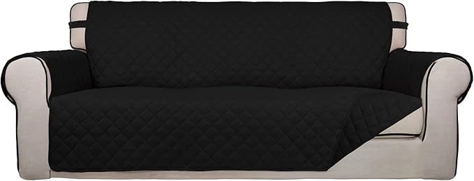 PureFit Reversible Quilted Sofa Cover, Water Resistant Slipcover Furniture Protector, Washable Couch Cover with Non Slip and Elastic Straps for Kids, Pets (Oversized Sofa, Black/Black)