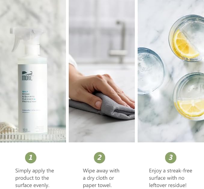 MORE Stone & Quartz Cleaner + Protector - Granite, Quartz & Marble Cleaner - For Kitchen & Bathroom Countertops - Water-Based Surface Spray - Lavender-Verbena Essential Oil - Pint (16oz)
