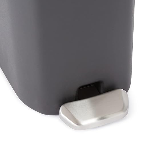 Amazon Basics Compact Plastic Bathroom Trash Can with Hands Free Foot Pedal, Quiet Close Step-On, 6 Liters, Black, Lid Included