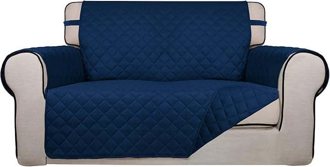 PureFit Reversible Quilted Sofa Cover, Water Resistant Medium Slipcover Furniture Protector, Washable Couch Cover with Non Slip Foam and Elastic Straps for Kids, Pets (Loveseat, Navy/Navy)