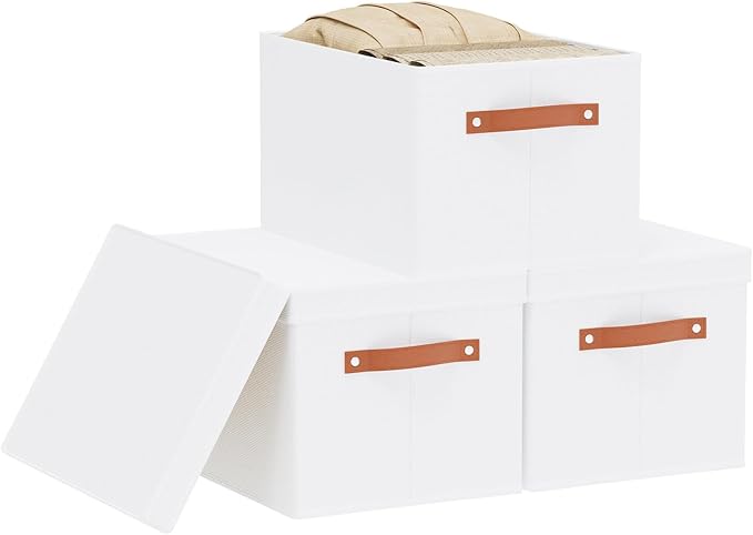 Fabric Storage Bins, Clothes Boxes for Shelves with Lids, 3 Pack Baskets for Organizing with Handles, Decorative Linen Closet Organizers, White, 16.5 x 11.8 x 10.2 Inch