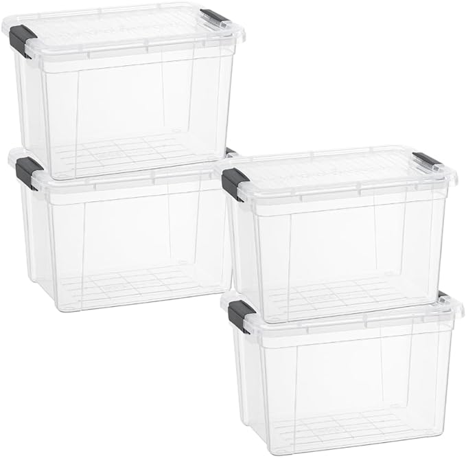 Superio Clear Storage Bins with Lids, Stackable Deep Storage Boxes with Latches and Handles, Extra Small, 4 Pack, Deep Containers for Home, Garage, and Kitchen