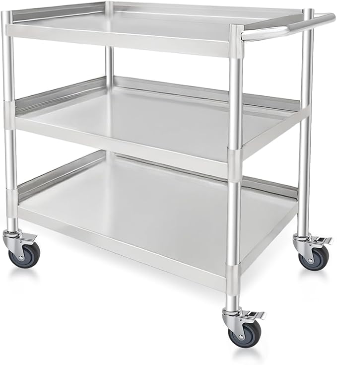 3-Shelf Stainless Steel Rolling Utility Cart - Heavy-Duty Metal Mobile Storage with Handle & Locking Wheels - Ideal for Kitchen, Medical, Lab, Restaurant & Home Use (16''x24''x34'')
