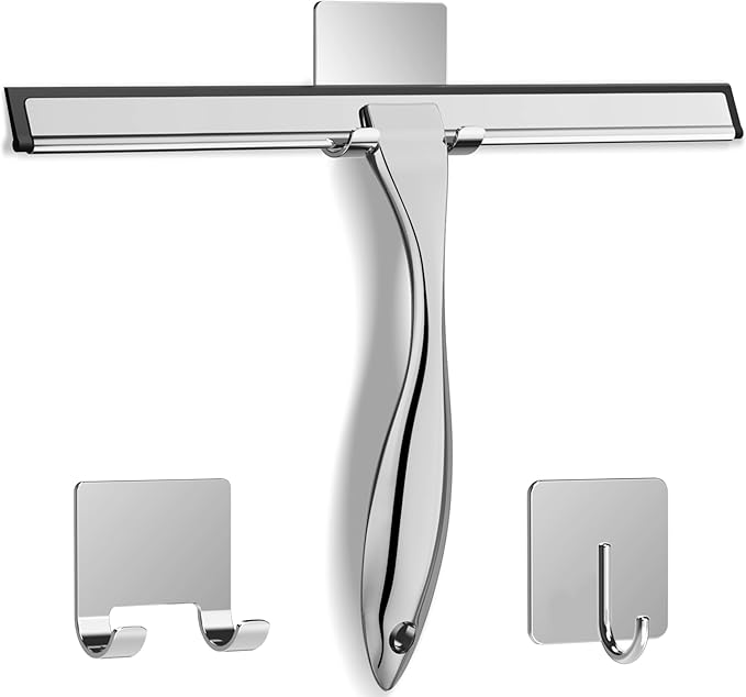 All-Purpose Stainless Steel Shower Squeegee for Shower Doors with 2 Adhesive Hooks, Bathroom Cleaner Tool Household Window Mirror Squeegee for Home Cleaning, Glass Door, Tile Wall, Car, 12 Inch Silver