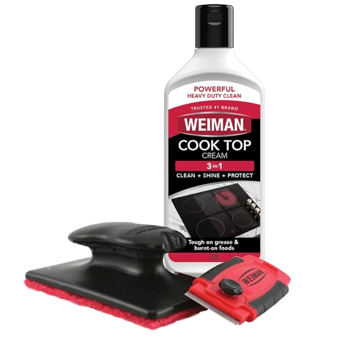 Weiman Cooktop and Stove Top Cleaner Kit - Glass Cook Top Cleaner and Polish 10 oz. Scrubbing Pad, Cleaning Tool, Razor, Scraper