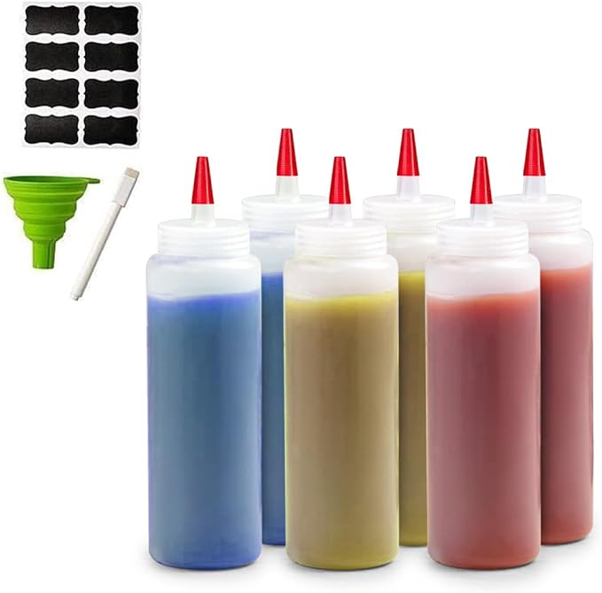 6-Pack Condiment Squeeze Bottles for Sauces - Includes Funnel, Erasable Marker & Reusable Labels, Perfect for Salad Dressings, Liquids, and Ketchup, Durable Plastic 4 oz Bottles