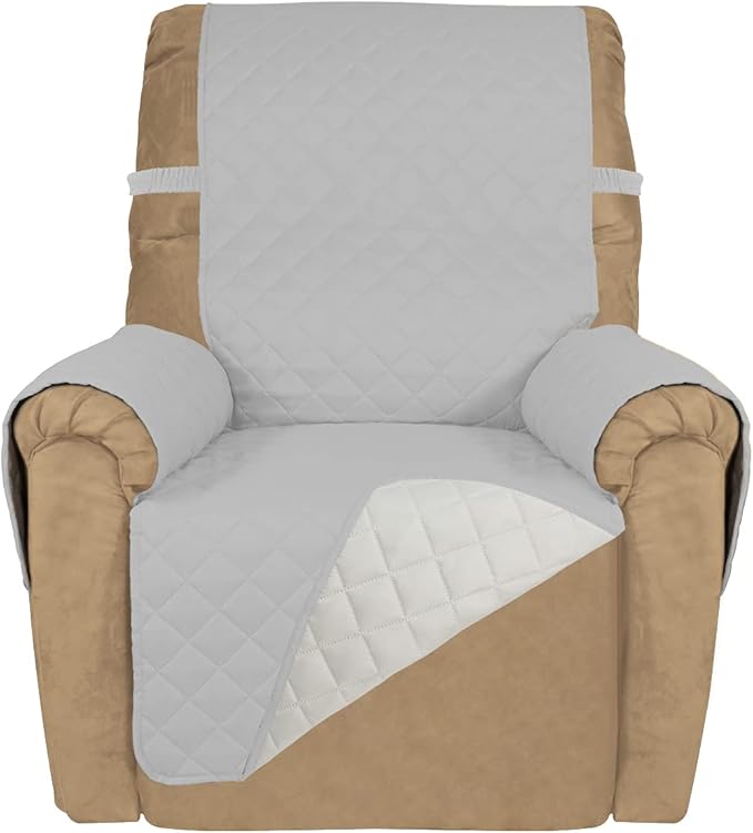 PureFit Reversible Quilted Sofa Cover, Water Resistant Slipcover Furniture Protector, Washable Couch Cover with Non Slip and Elastic Straps for Kids, Dogs, Pets (Small Recliner, Light Gray/Ivory)