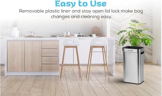 Simpli-Magic 18.5 Gallon (70L) Open Top Trash Can – Rectangular Commercial Trash Can – Smudge-Resistant, Easy to Clean, Non-Skid Base, Brushed Stainless Steel