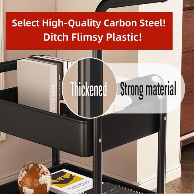 3 Tier Metal Rolling Utility Cart Organizer with Walnut Table Top, Stable and Sturdy Rolling Storage Carts with 2 Lockable Wheels for Kitchen，Bathroom，Snacks，Coffee，Craft，Makeup，Baby Essentials
