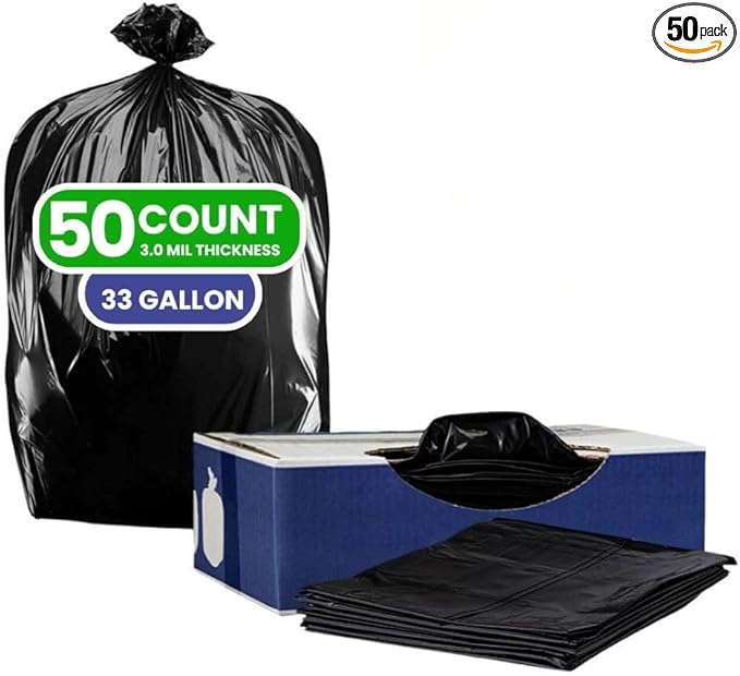 Plasticplace Contractor Trash Bags 33 Gallon - 3.0 Mil, Heavy Duty Garbage Bag 33” x 39”, Black, 50 Count