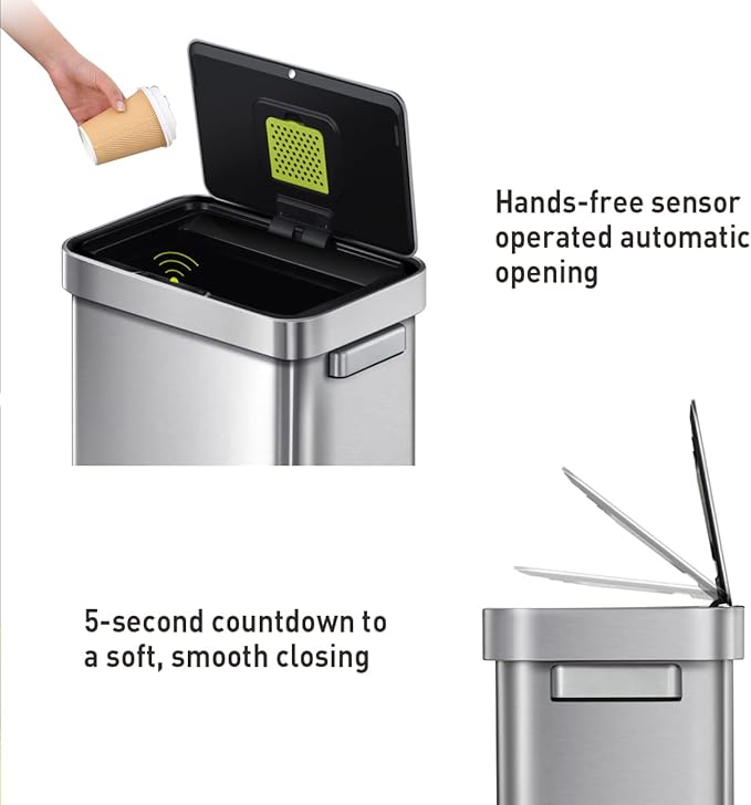 EKO Deluxe Mirage-T 50 Liter / 13.2 Gallon Touchless Rectangular Motion Sensor Trash Can, Matte Stainless Steel Finish